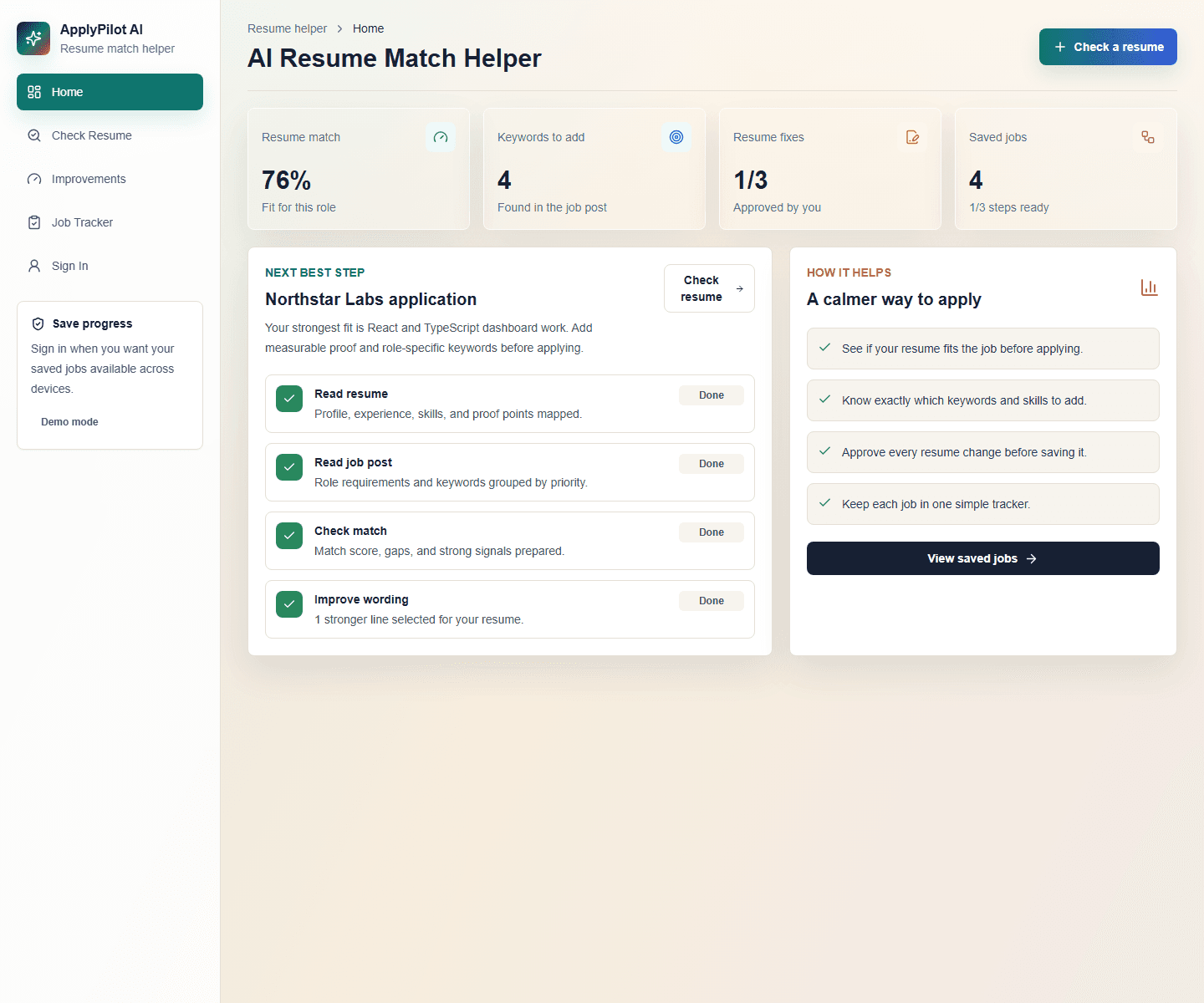 ApplyPilot AI dashboard with resume match metrics and next actions
