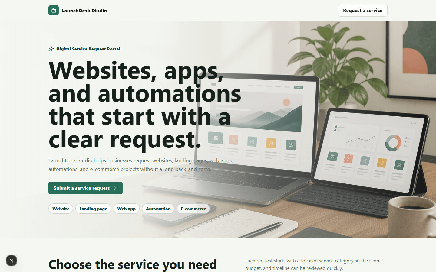 Client intake landing page and service request flow