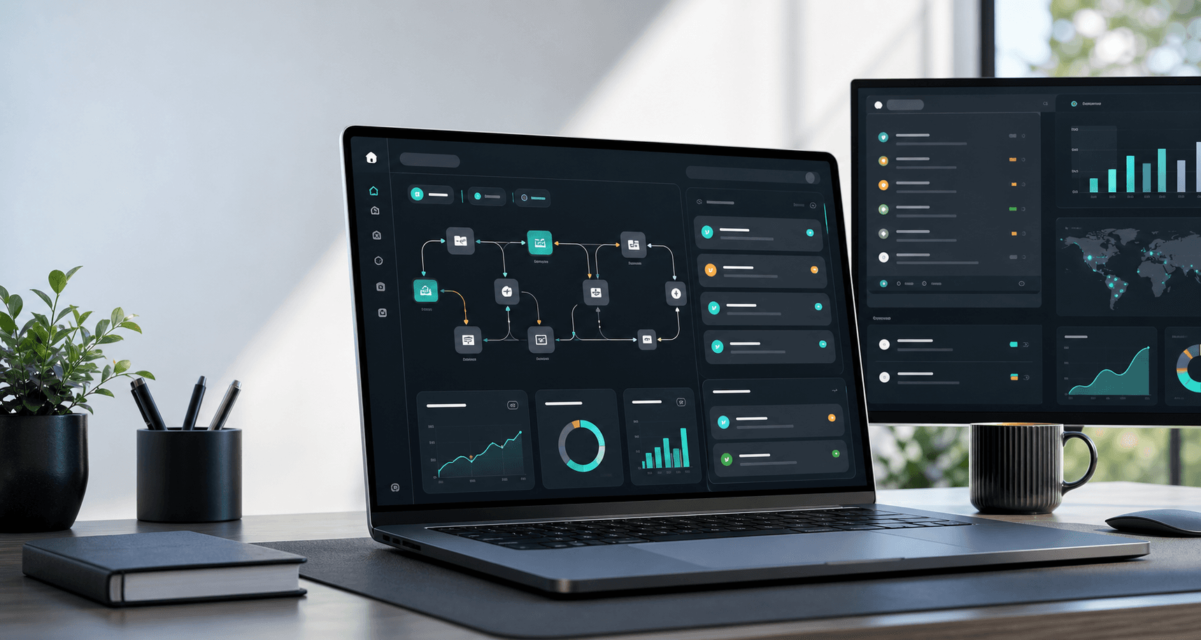 AI automation command center dashboard on a modern workspace