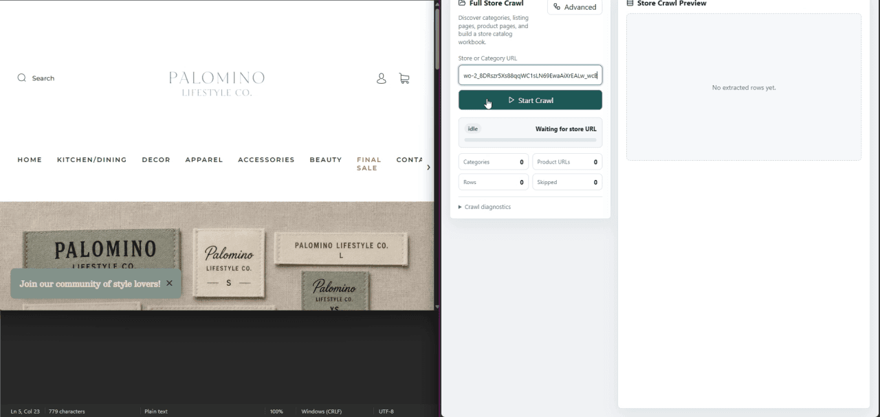 Automated product research browser crawl and dashboard preview