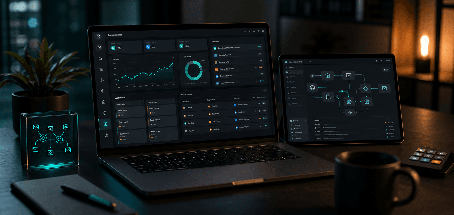 Realistic AI automation workspace with dashboards and workflow screens